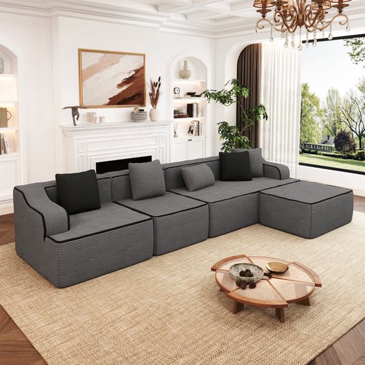 MF Studio 134" L-Shaped Cloud Couch Modular Sectional Sofa with with Ottoman for Living Room, No Assembly Required, Dark Gray