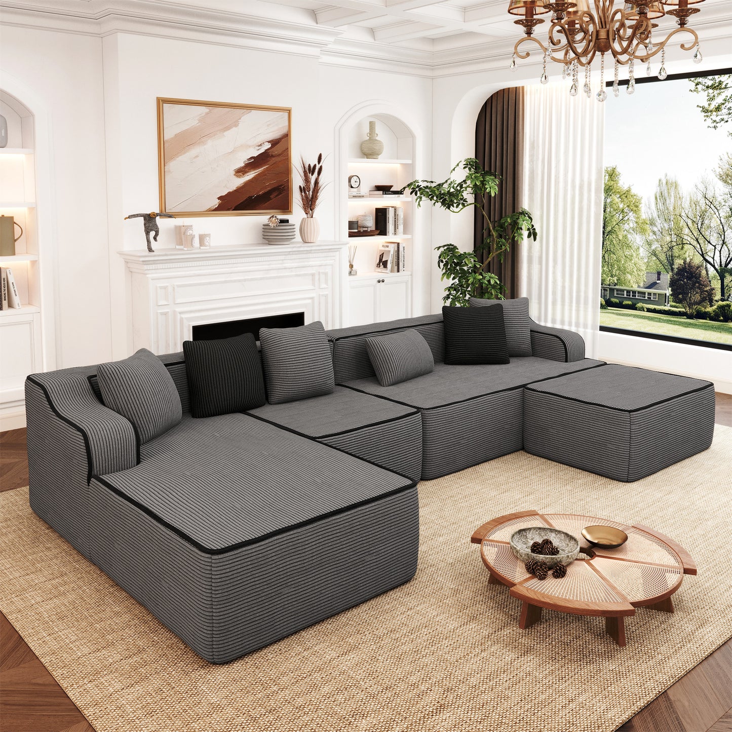 MF Studio 134" U-Shaped Cloud Couch Modular Sectional Sofa with with Ottoman for Living Room, No Assembly Required, Dark Gray