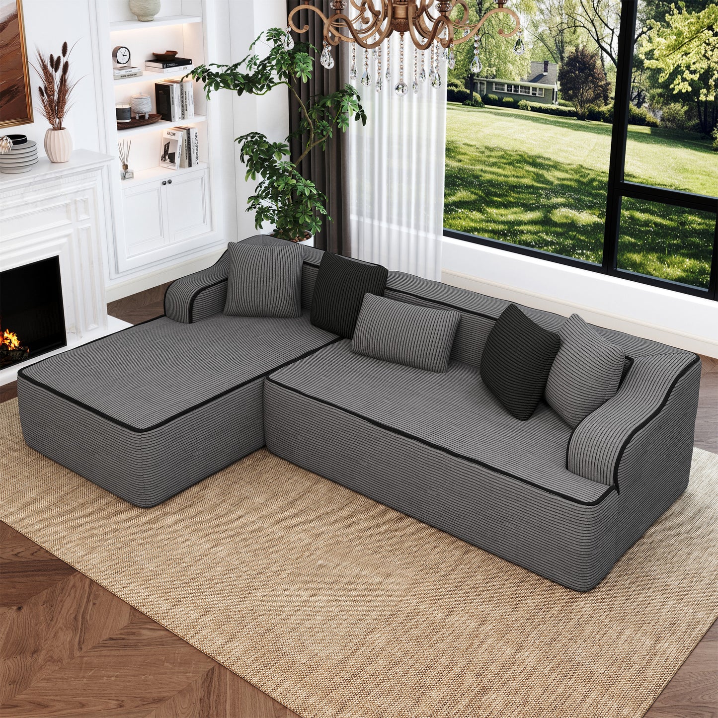 MF Studio 104.9" Cloud Sectional Sofa with Deep Seat, L-Shaped Corduroy Modular Couch, No Assembly Required, Dark Gray