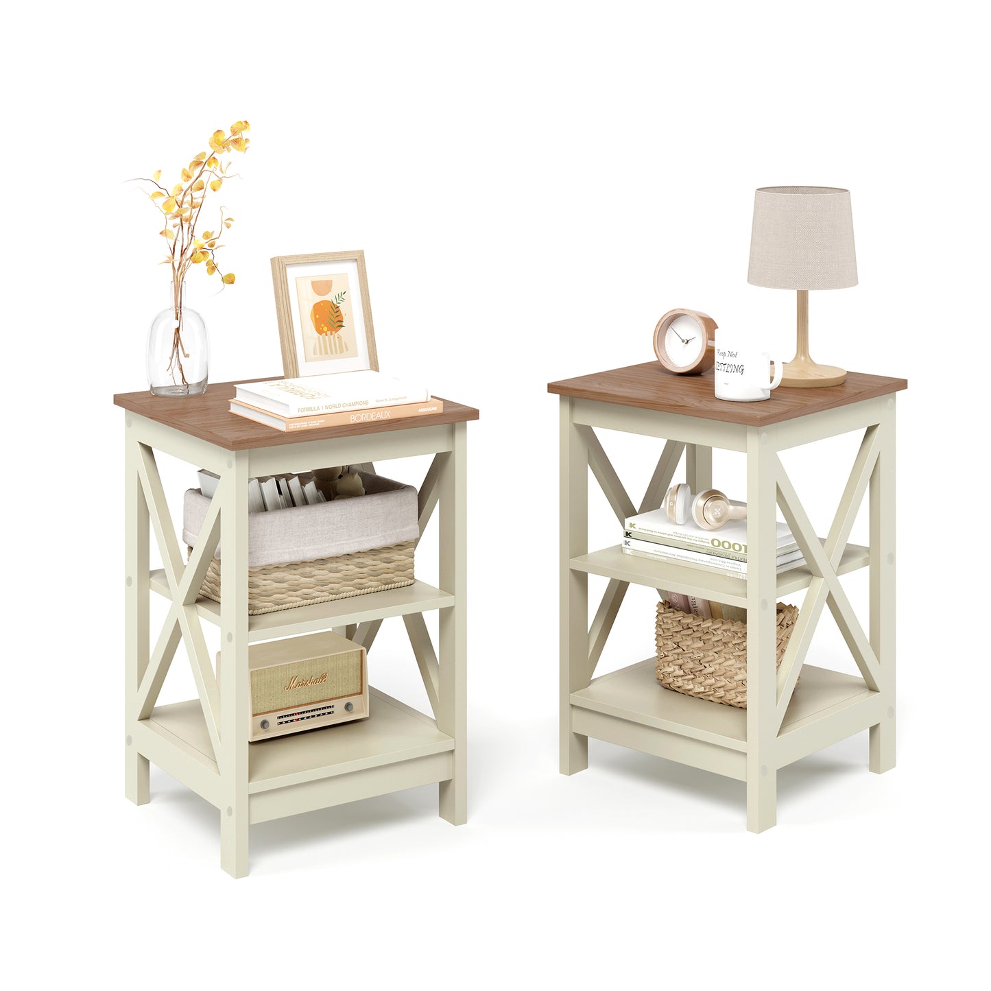Summit Living Set of 2 3-Tier End Table, Farmhouse Side Table, 2-Piece Nightstand Set, Ivory White