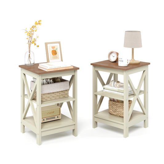 Summit Living Set of 2 3-Tier End Table, Farmhouse Side Table, 2-Piece Nightstand Set, Ivory White