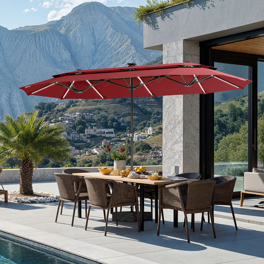 SUMMIT LIVING 13FT Patio Umbrella with Solar Lights & Base, 8 Colors 14 Modes, Double-Vented Outdoor Market Rectangle Umbrella for Garden - Orange Red