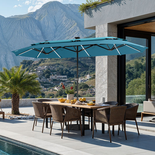 SUMMIT LIVING 13FT Patio Umbrella with Solar Lights & Base, 8 Colors 14 Modes, Double-Vented Outdoor Market Rectangle Umbrella for Garden - Blue & Cerulean