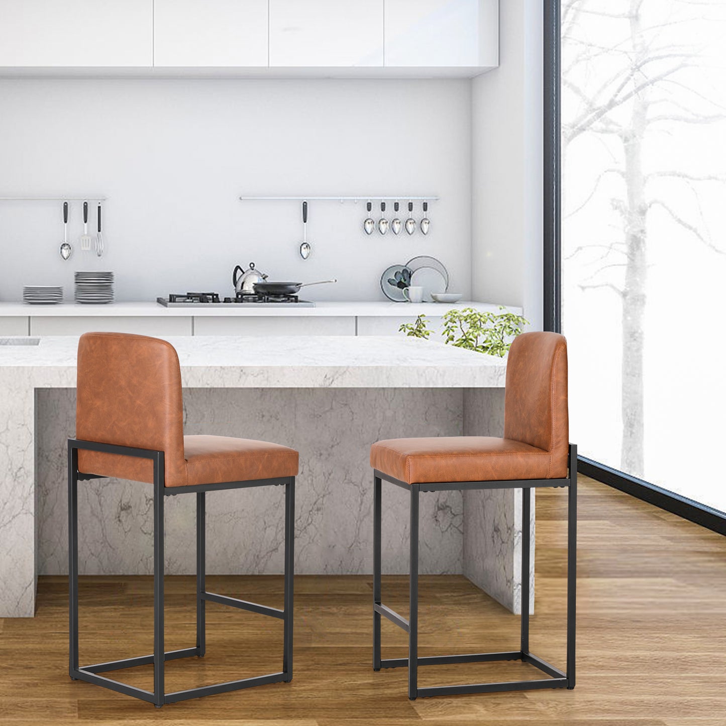 Summit Living 24 Inch Counter Height Bar Stools with Back for Kitchen, Upholstered Faux Leather Stools Farmhouse Island Chairs Set of 4, Black