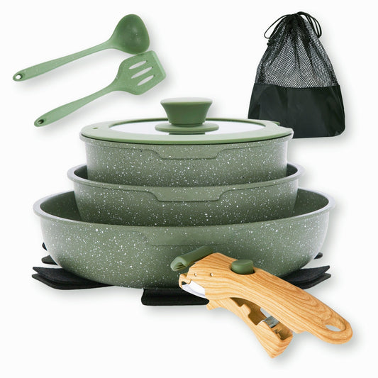 MF Studio 10 Pieces Removable Handle Nonstick Cookware Set, Induction-Safe Granite Pots and Pans, Green