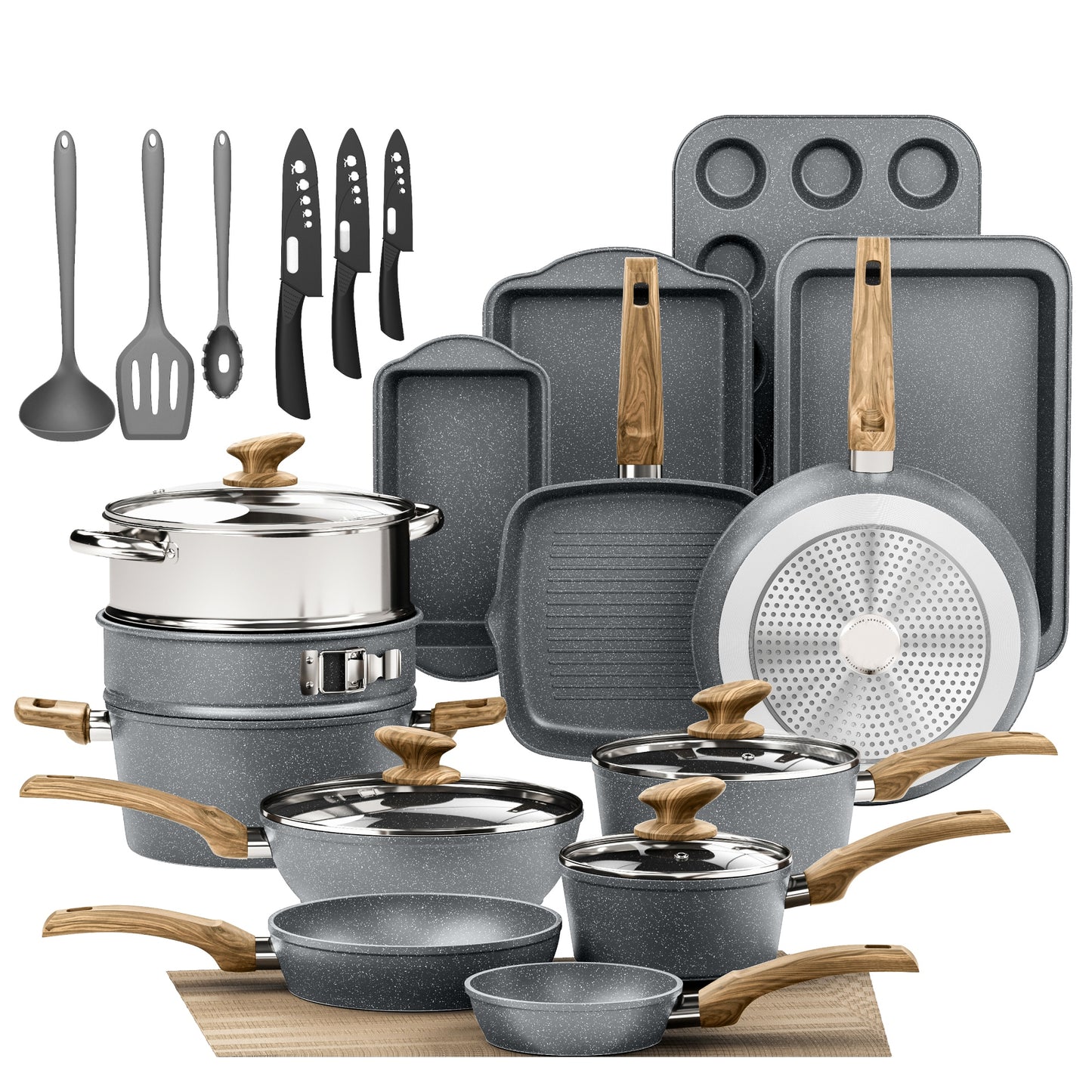MF Studio 30 Pieces Cookware & Bakeware Set Granite Nonstick Pots and Pans, Blue Gray