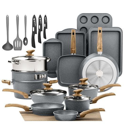 MF Studio 30 Pieces Cookware & Bakeware Set Granite Nonstick Pots and Pans, Blue Gray