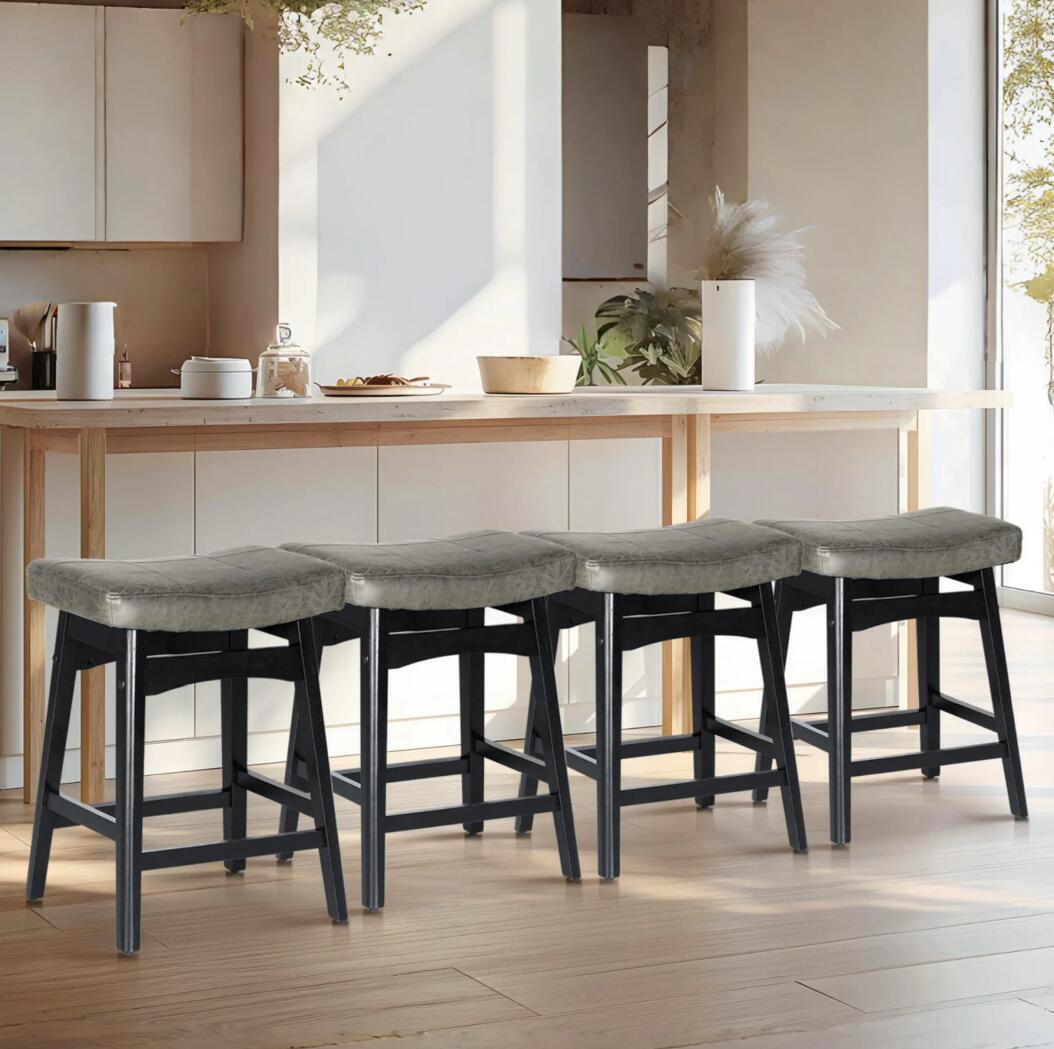 Summit Living 24 inch Wooden Backless Saddle Kitchen Stools Set of 4, Faux Leather Counter Height Stool Chairs, Gray