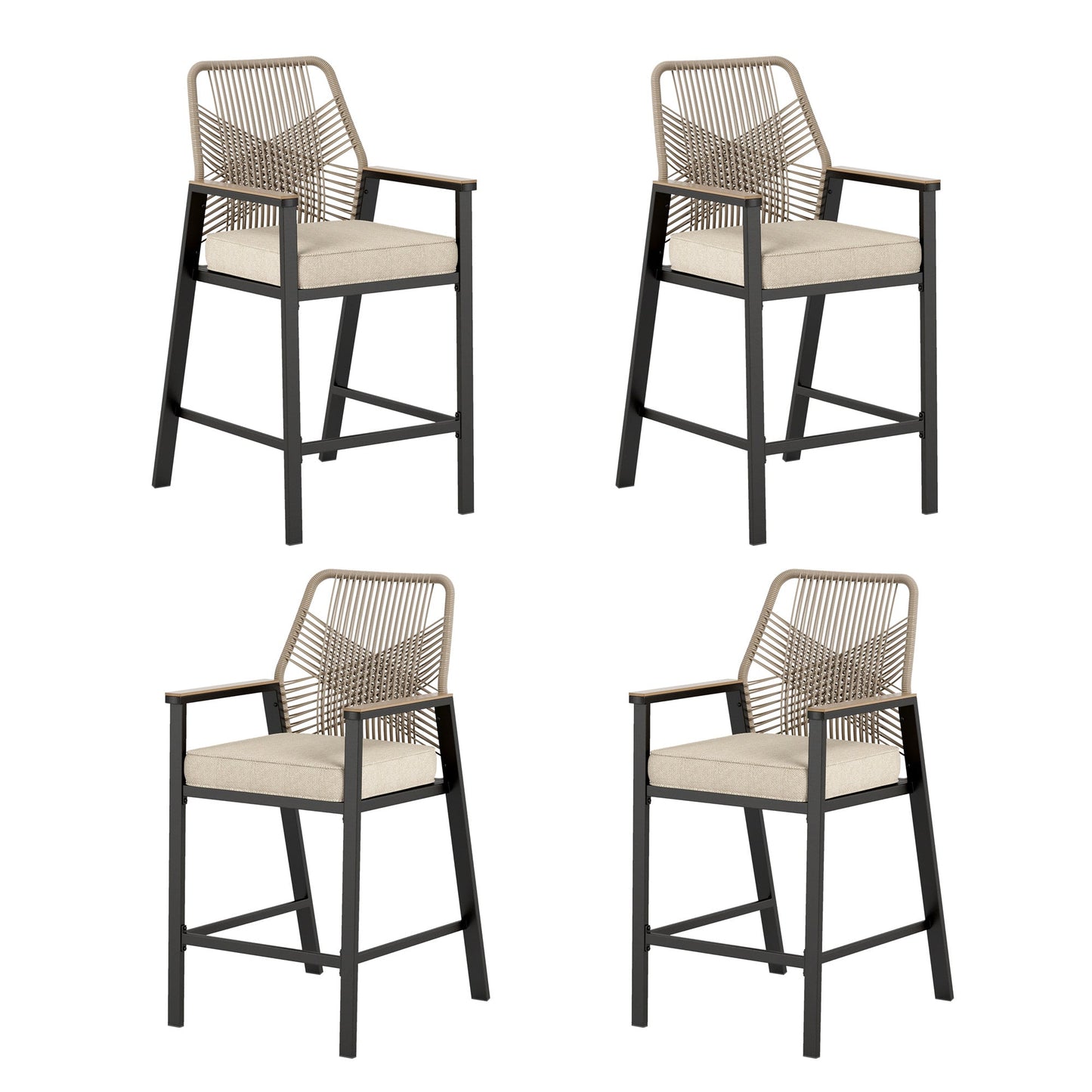 Summit Living Outdoor Bar Stool Set of 4, All-Weather Rattan Patio Counter Height Bar Chairs with Removable Cushion for Patio, Garden, Kitchen