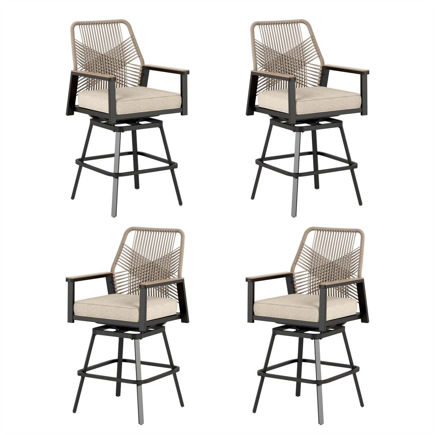 Summit Living Outdoor Bar Stool Set of 4, Swivel Counter Height Patio Chairs with Removable Cushion, All-Weather Rattan Rope Design for Patio, Garden, Kitchen