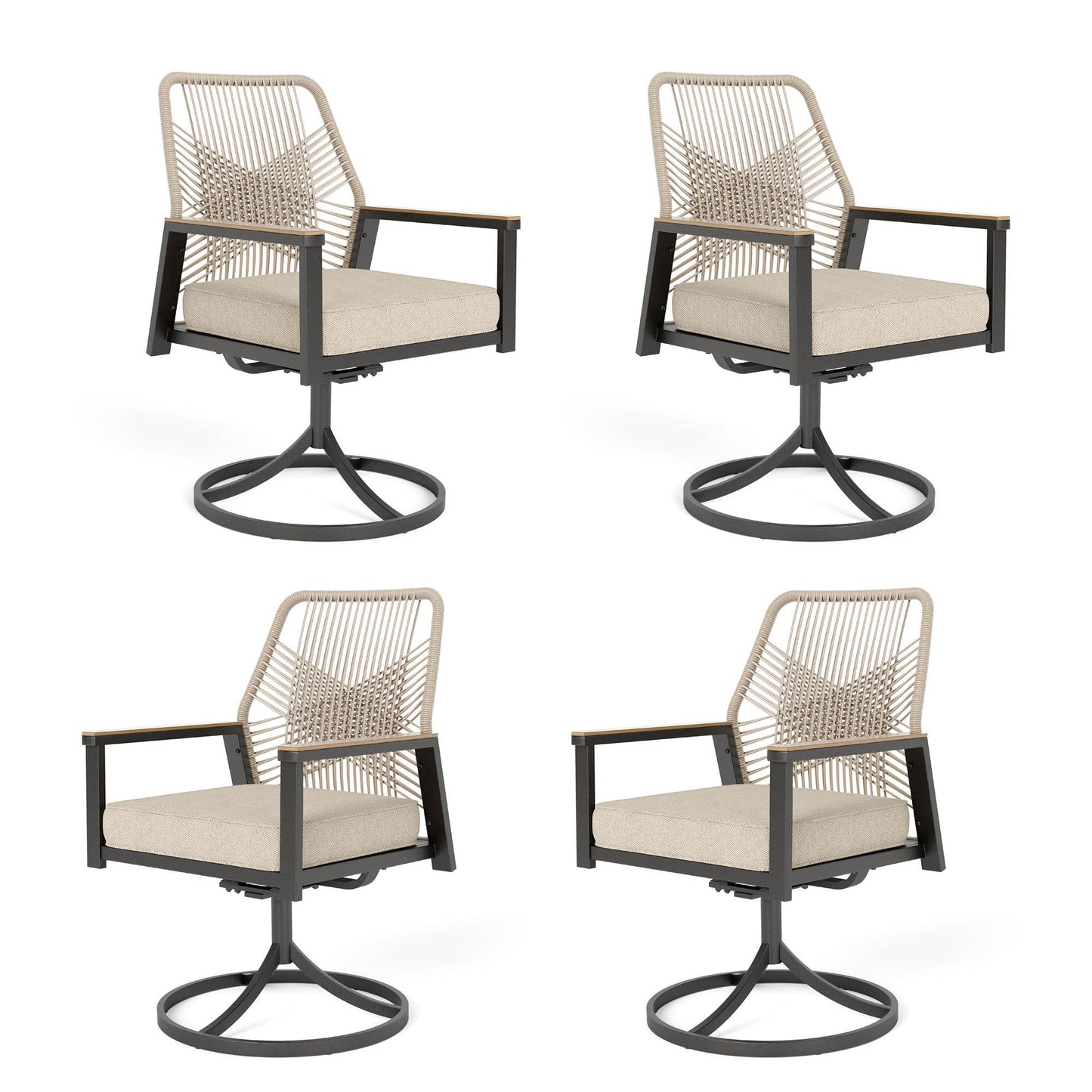 MF Studio Patio Dining Chairs Set of 4 , Outdoor Swivel All-Weather Rattan Rope Chairs with Cushions and Wood-Grain Armrests, Black and Beige