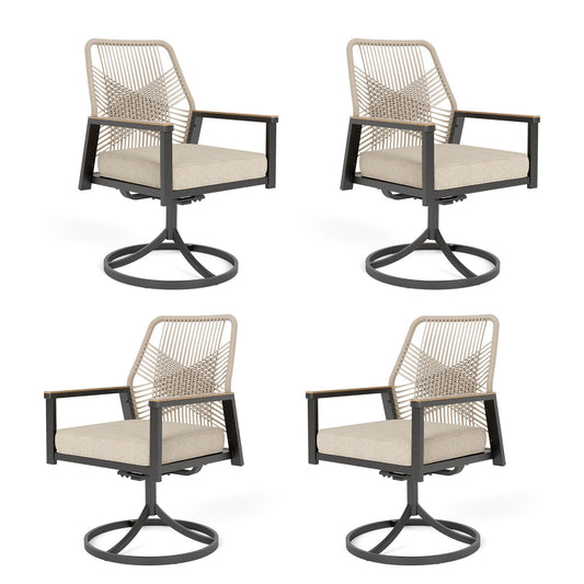 MF Studio Patio Dining Chairs Set of 4 , Outdoor Swivel All-Weather Rattan Rope Chairs with Cushions and Wood-Grain Armrests, Black and Beige