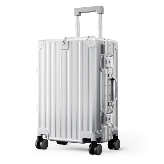 MF Studio 20 inch Carry on Luggage, Lightweight PC Hardshell Zipperless Suitcase with Aluminum Frame, TSA locks, Spinner Wheels, USB Charging Port, Cup Holder, Silver Gray