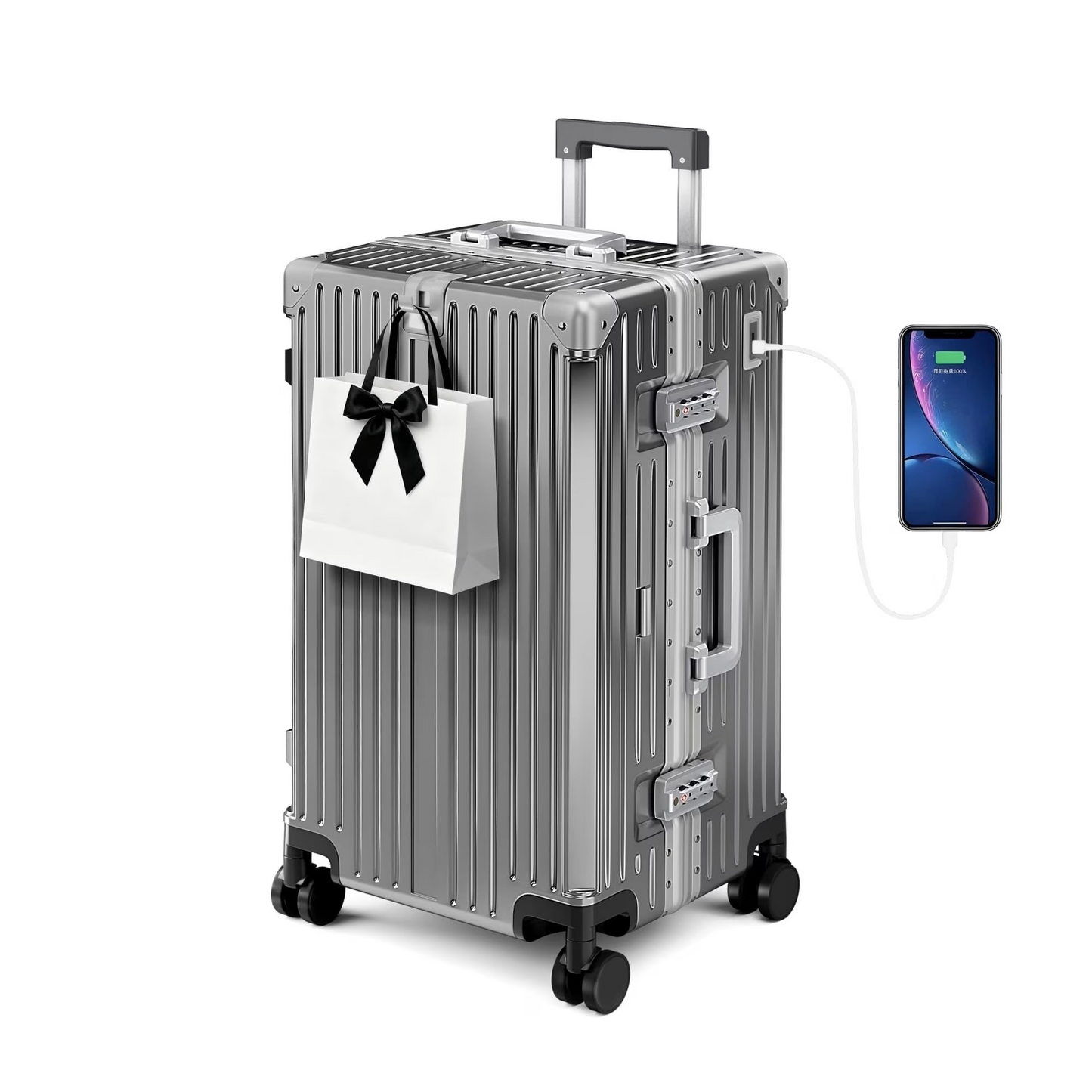 MF Studio 24 Inch Checked Trunk Luggage, Lightweight Zipperless PC Hardshell Suitcase with Aluminum Frame, TSA Locks, Spinner Wheels, USB Charging Port, Dark Gray
