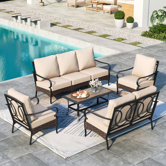 SUMMIT LIVING 7-Seat Outdoor Patio Furniture Set with 3-Seat Sofa, Love-Seat Sofa, 2 Club Chairs & Wood-Look Coffee Table, Black Steel Frame & Beige Cushion