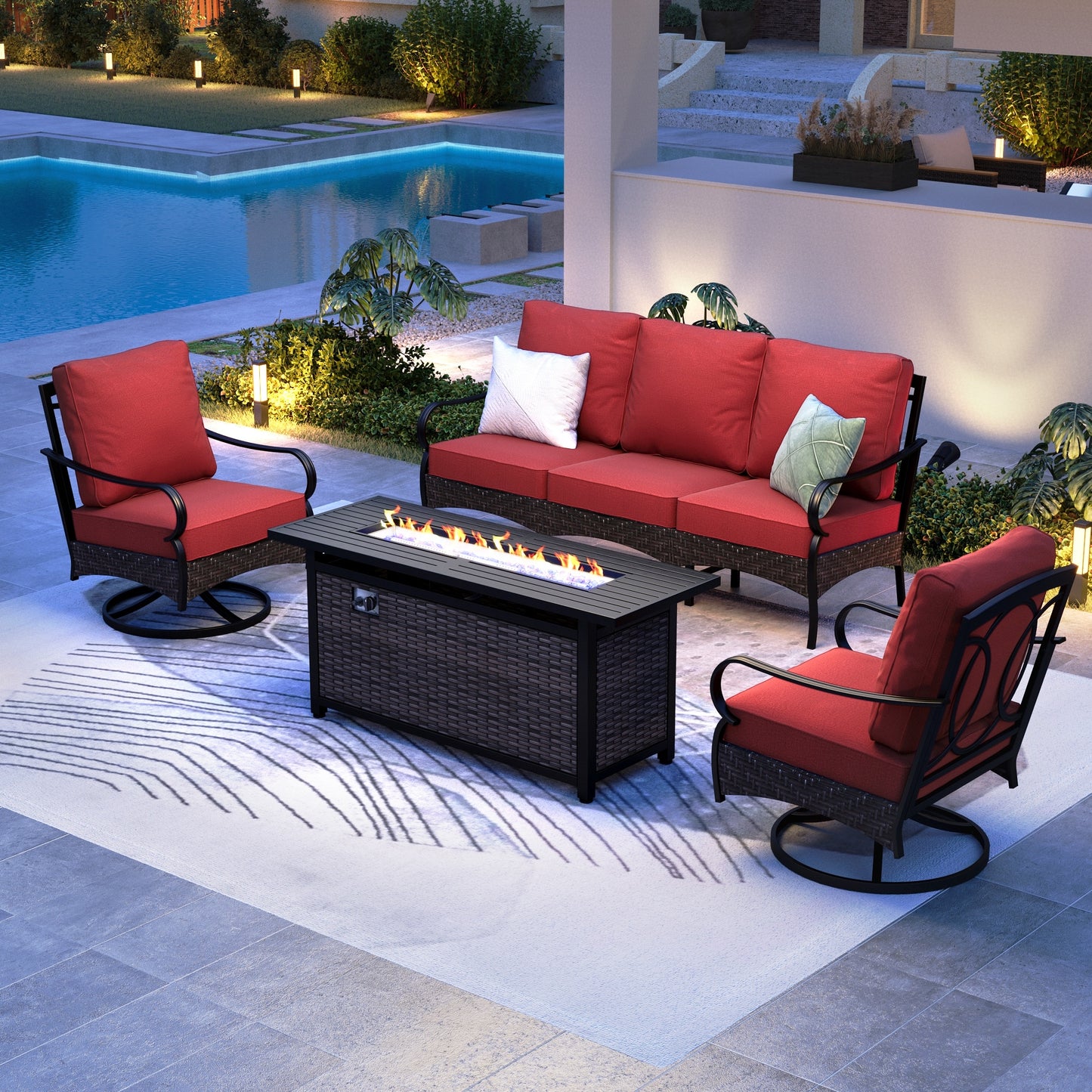 SUMMIT LIVING 4-Piece Outdoor Patio Furniture Set with 57" Fire Pit Table, Outdoor Patio Conversation Set with Swivel Chairs for 5, Red