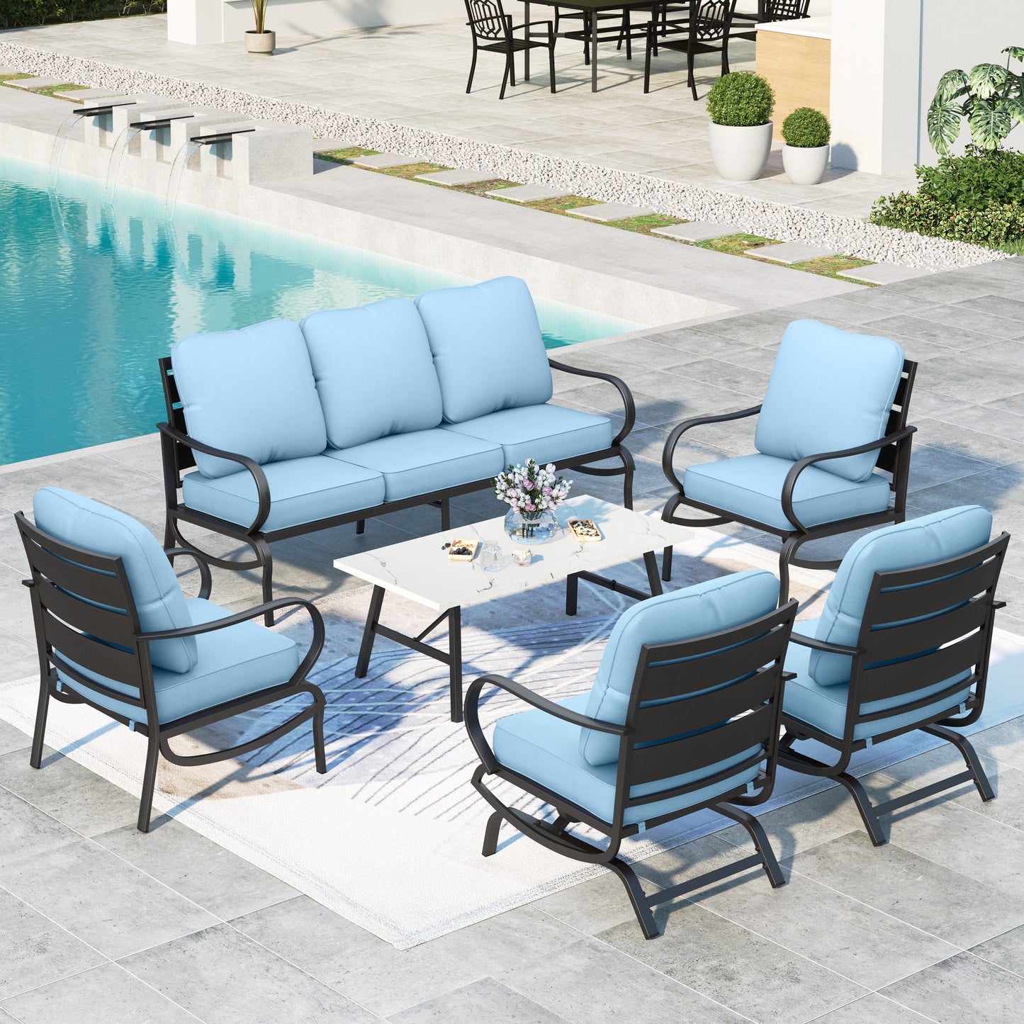Summit Living Outdoor Furniture with Fire Pit Table Metal Patio Conversation Set, Beige Cushion