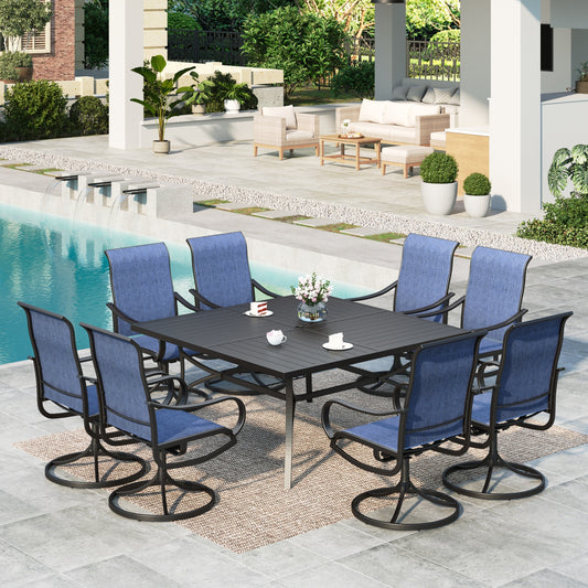 MF Studio 9-Piece Outdoor Patio Dining Set with 8 PCS Swivel Armchairs & 1 PC Large Square Table, Black & Blue