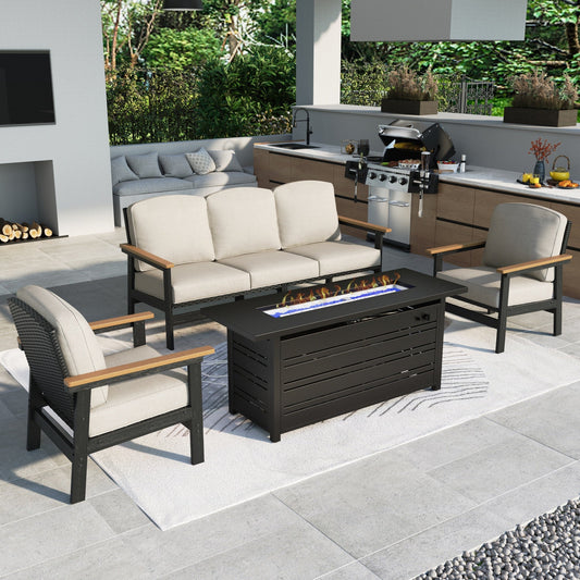 MF Studio HDPE Patio Furniture Set with Fire Pit, 4-Piece HDPE & Wicker Outdoor Conversation Set with 56" Fire Pit Table, Black