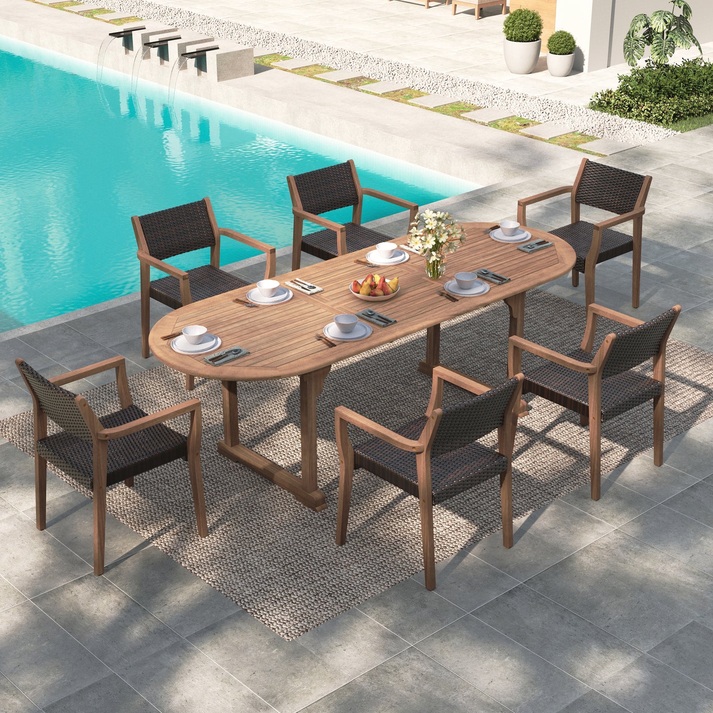 MF Studio 7-Piece Acacia Wood Outdoor Patio Dining Set with Extendable Table and Rattan Chair for 6 People, Wood Frame & Wicker Seat, Dark Brown