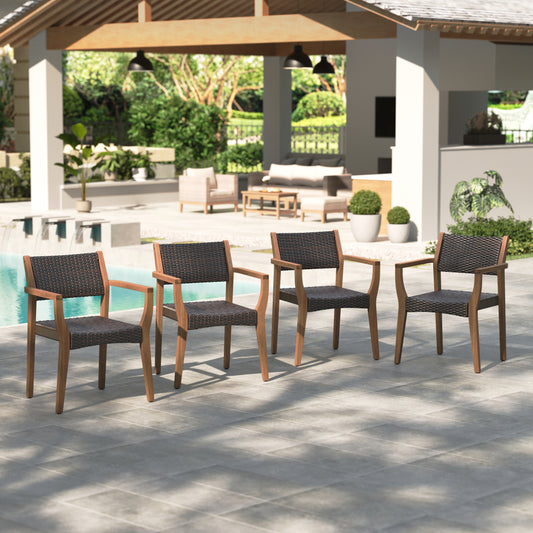 Summit Living Acacia Wood & Wicker Outdoor Patio Dining Chair Set of 4, Dark- Brown