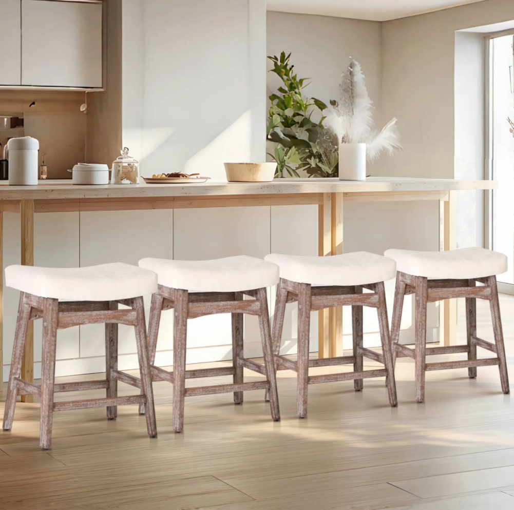 Summit Living 24 inch Wooden Saddle Bar Stool Set of 4 for Kitchen, Linen Backless Counter Height Counter Stool, White