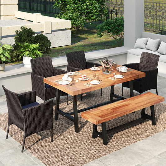 MF Studio 6 Pieces Outdoor Patio Dining Set, 4 Cushioned Wicker Chairs & 1 Acacia Wood Table & 1 Wooden Bench