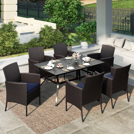 MF Studio 7-Piece Wicker Outdoor Patio Dining Set with Navy Blue Cushions, Rattan Patio Chairs and Metal Table with Umbrella Hole for 6 People, Black & Brown