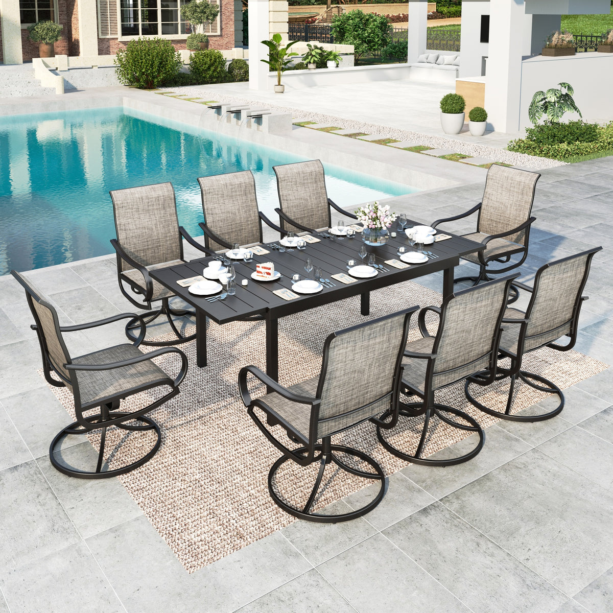 SUMMIT LIVING 9-Piece Outdoor Patio Dining Set with High Back Swivel Chairs & Extendable Table for 8-Person