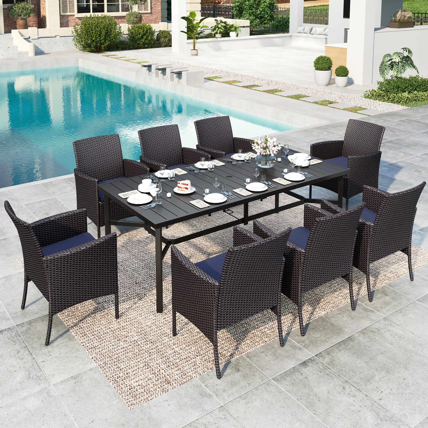 MF Studio 9-Piece Wicker Outdoor Patio Dining Set with Navy Blue Cushions, Rattan Outdoor Chairs and 83” Patio Table with Umbrella Hole for 8 People, Black & Brown
