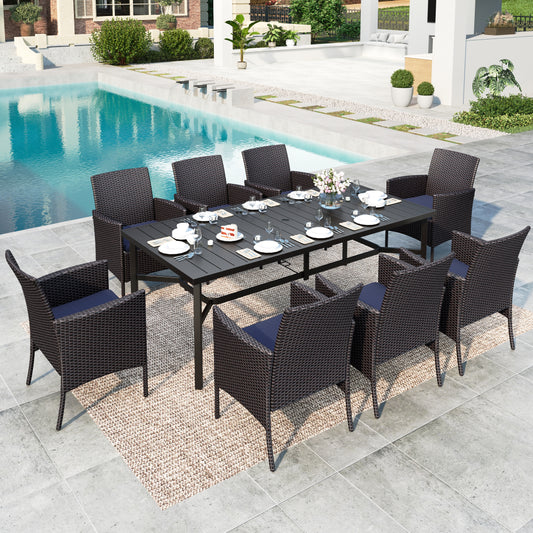MF Studio 9-Piece Wicker Outdoor Patio Dining Set with Navy Blue Cushions, Rattan Outdoor Chairs and 83” Patio Table with Umbrella Hole for 8 People, Black & Brown