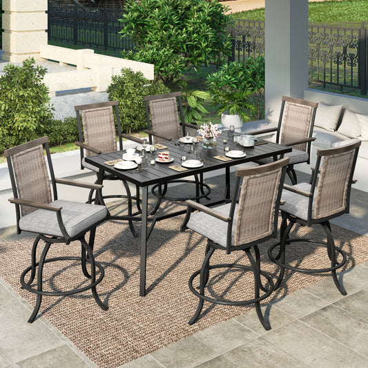 MF Studio 7-Piece Outdoor Patio Bar Set, Outdoor Bar Height Table with Umbrella Hole & High Back Cushioned Swivel Chairs, Outdoor Patio Bar Height Dining Set for 6, Black & Gray