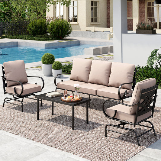 MF Studio Patio Conversation Sets with Club Chairs and Sofa, Metal Outdoor Furniture Set with Cushions, Black & Beige