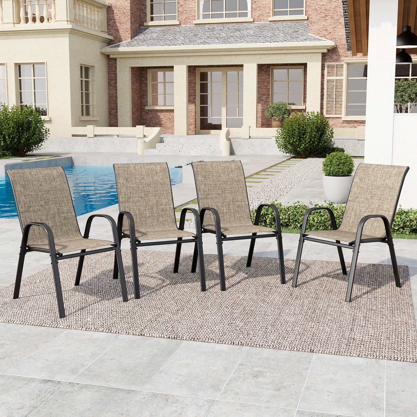 SUMMIT LIVING 4-Piece Textilene Patio Dining Chairs for All Weather, Heavy Duty Outdoor Stackable Chairs, Grayish-brown