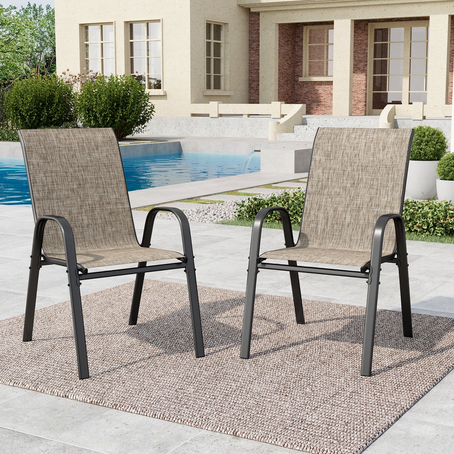 SUMMIT LIVING 2-Piece Textilene Patio Dining Chairs for All Weather, Heavy Duty Outdoor Stackable Chairs, Grayish-brown