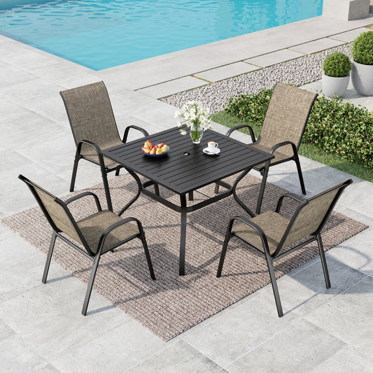 SUMMIT LIVING 5-Piece Outdoor Patio Dining Set, 4 Stackable Textilene Chairs (Weight Capacity 350 lbs) and Metal Square Table with Umbrella Hole, Black & Grayish-brown