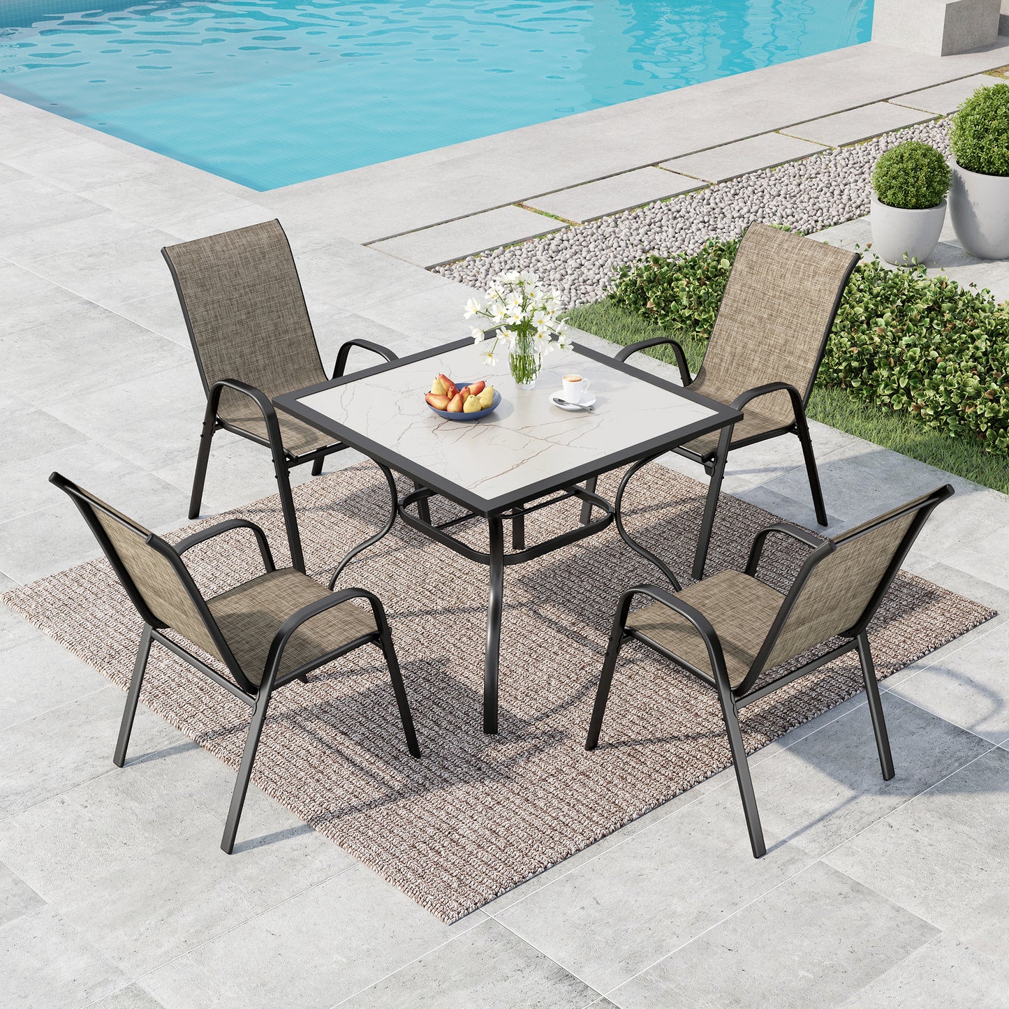 SUMMIT LIVING 5-Piece Outdoor Patio Dining Set, 4 Stackable Textilene Chairs (Weight Capacity 350 lbs) and Metal Square Table with Marble Tabletop, Black & Grayish-brown