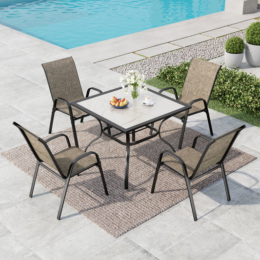 SUMMIT LIVING 5-Piece Outdoor Patio Dining Set, 4 Stackable Textilene Chairs (Weight Capacity 350 lbs) and Metal Square Table with Marble Tabletop, Black & Grayish-brown
