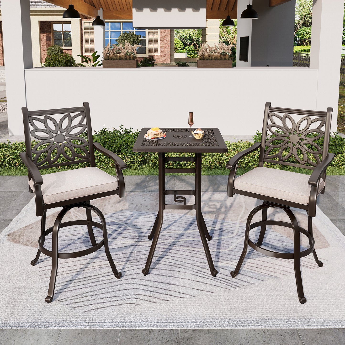 SUMMIT LIVING 3-Piece Cast Aluminum Outdoor Swivel Bar Stool Bistro Set, High Top Counter Height Patio Bar Chairs with Seat Cushions & Bar Square Table with Umbrella Hole, Brown & Beige