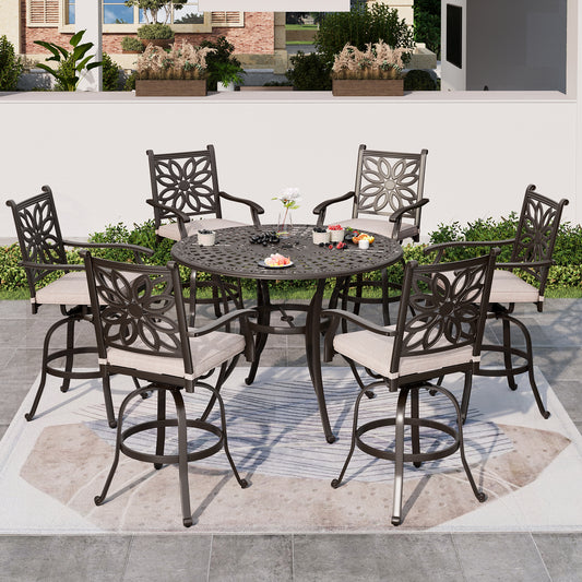 Summit-Living-7-Piece-Cast-Aluminum-Outdoor-Swivel-Bar-Stool-Table-Set-High-Top-Counter-Height-Patio-Bar-Chairs-with-Seat-Cushions-Bar-Round-Table-with-Umbrella-Hole-Black-Beige