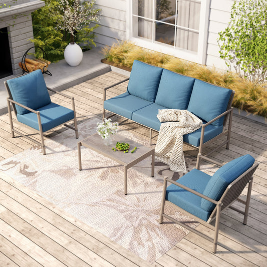 MF Studio 5-Seat Outdoor Patio Furniture Set with Wicker High Back Sofa, Wood-Grain Outdoor Conversation Set for 5, Blue