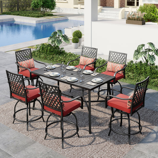 Summit-Living-7-Piece-Outdoor-Patio-Swivel-Bar-Stool-Table-Set-6-Height-Chairs-with-Seat-and-Back-Cushions-and-Bar-Table-with-Umbrella-Hole-Black-Red