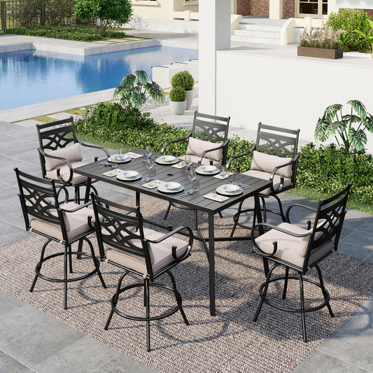 Summit-Living-Outdoor-Swivel-Bar-Stool-Set-of-7-6-Patio-Barstool-Height-Chairs-with-Seat-and-Back-Cushions-1-Metal-Steel-Bar-Table-with-Umbrella-Hole-Black-Beige