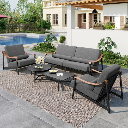 MF Studio 5-Piece Modern Patio Conversation Set with 2 Coffee Tables, Outdoor Metal Sectional Furniture set with 6.3" Extra Thick Cushions for Balcony, Garden, Deck, Poolside, Dark Gray