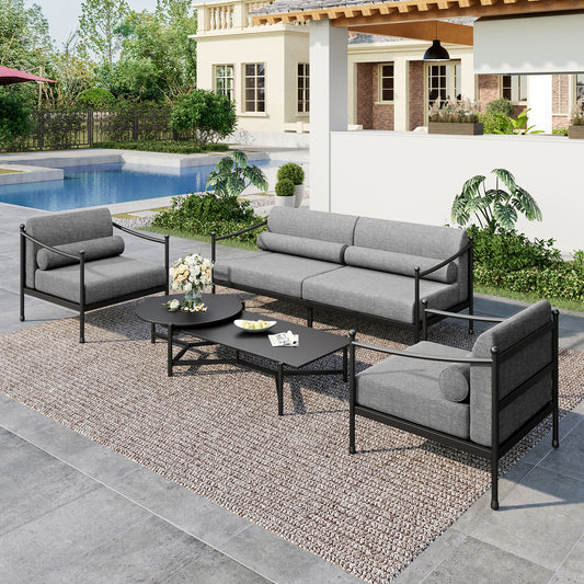 MF Studio 5-Piece Modern Patio Conversation Set with 2 Coffee Tables, Outdoor Metal Sectional Furniture set with 7.1" Extra Thick Cushions for Balcony, Garden, Deck, Poolside, Gray