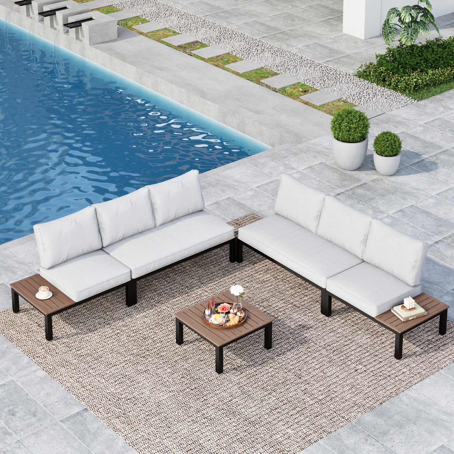 MF Studio 6-Seat Outdoor Patio Furniture Set, Outdoor Sectional Conversation Set with Full Set Cushions & Wood-Grain Coffee Table, Black & Light Gray
