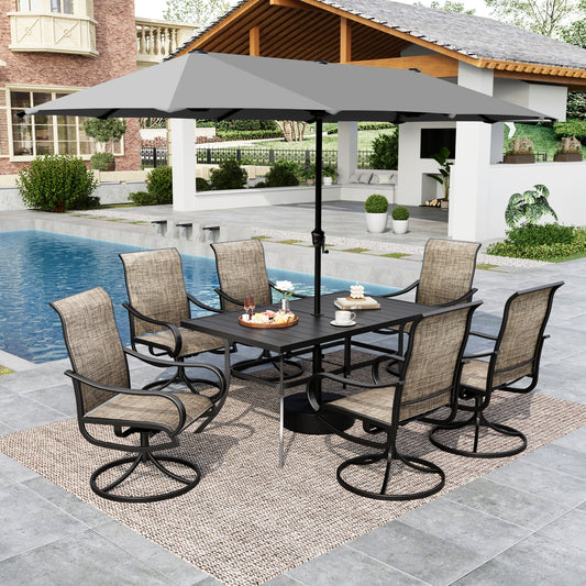 MF Studio 8 Pieces Outdoor Patio Dining Set with 13FT Umbrella, High Back Swivel Textilene Chairs and Metal Patio Table for 6, Black & Brown Gray