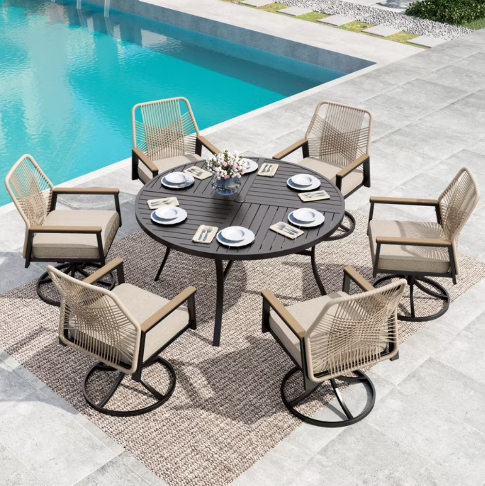 MF Studio Patio Table and Chairs Set, 7-Piece Outdoor Patio Dining Set with Swivel All-Weather Rattan Rope Chair and 54" Round Table, Black and Beige