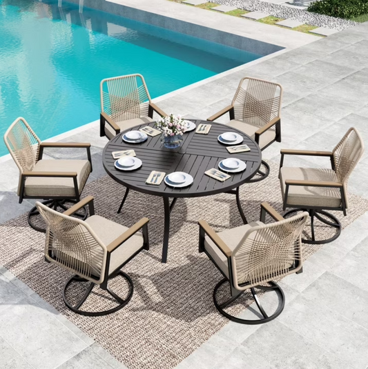 MF Studio Patio Table and Chairs Set, 7-Piece Outdoor Patio Dining Set with Swivel All-Weather Rattan Rope Chair and 54" Round Table, Black and Beige
