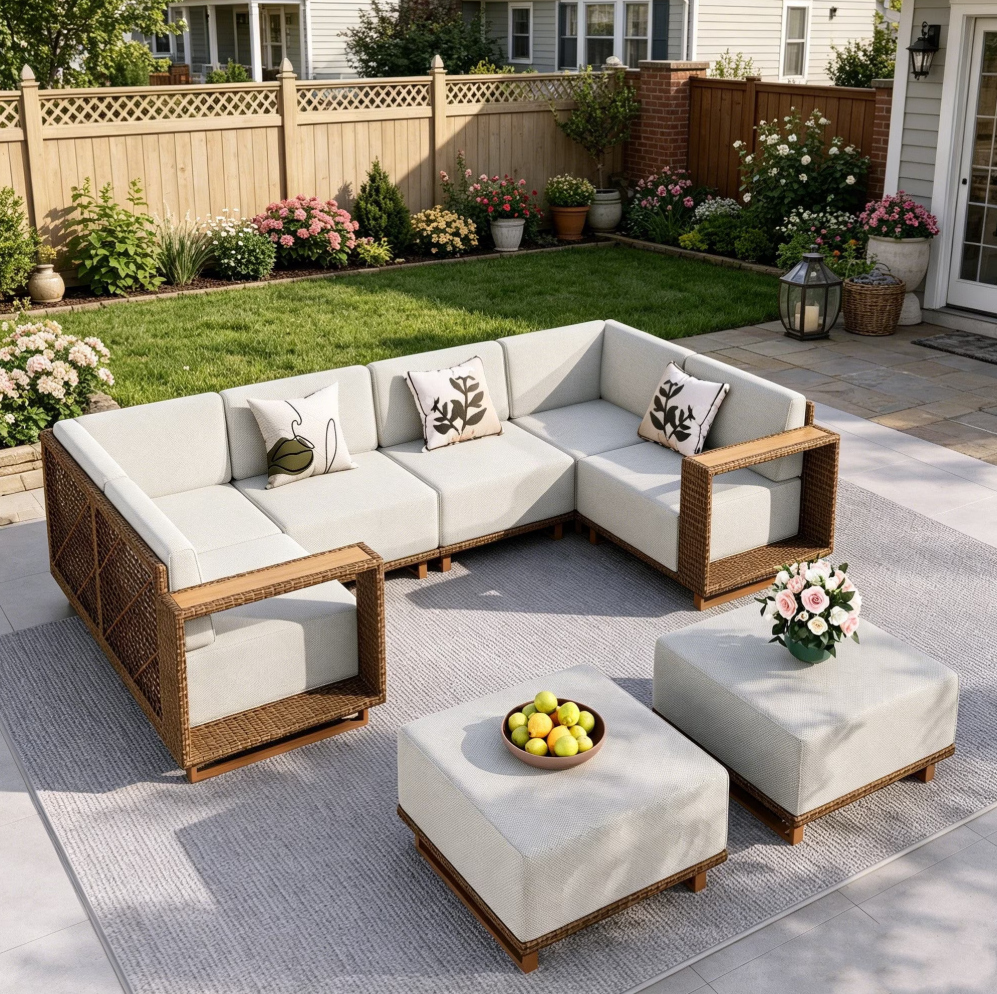 SUMMIT LIVING U-Shaped Wicker Outdoor Sectional Sofa with 2 Ottomans, 8-Piece Patio Furniture Set with Thick 9.8" Seat Cushions for Yard & Garden, Beige